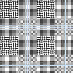 Prince of Wales check. Classic black and white with triple blue overcheck. Glen plaid pattern. Seamless vector print.  - obrazy, fototapety, plakaty