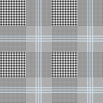 Prince of Wales check. Classic black and white with triple blue overcheck. Glen plaid pattern. Seamless vector print. 