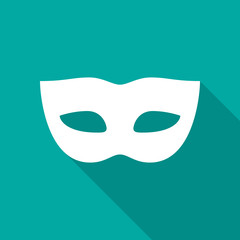 Carnival mask icon with long shadow. Flat design style. Mask simple silhouette. Modern, minimalist icon in stylish colors. Web site page and mobile app design vector element.