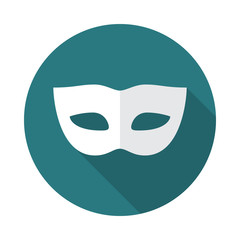 Carnival mask circle icon with long shadow. Flat design style. Mask simple silhouette. Modern, minimalist, round icon in stylish colors. Web site page and mobile app design vector element.