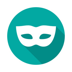 Carnival mask circle icon with long shadow. Flat design style. Mask simple silhouette. Modern, minimalist, round icon in stylish colors. Web site page and mobile app design vector element.