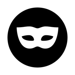 Carnival mask circle icon. Black, round, minimalist icon isolated on white background. Mask simple silhouette. Web site page and mobile app design vector element.