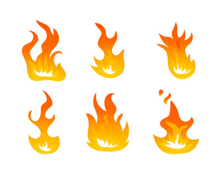 Cartoon fire flames vector set. Ignition light effect, flaming symbols. Hot flame energy, effect fire animation illustration on white background