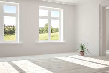 White empty room with summer landscape in window. Scandinavian interior design. 3D illustration