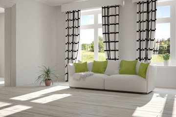 Idea of white room with sofa and summer landscape in window. Scandinavian interior design. 3D illustration