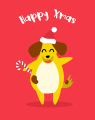 Happy yellow dog in the hat with christmas candy cane on red background. Flat style. Vector card.