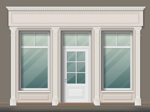 Store or boutique front with big window and column. Shop facade, vector realistic detailed illustration.