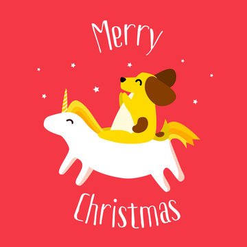 Merry Christmas card with fun yellow dog and unicorn on red background. Flat style. Vector.