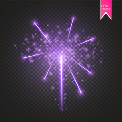 Purple Firework lights effect with glowing stars in sky isolated on transparent background. Vector white festive party rocket burst or salute show for your design.