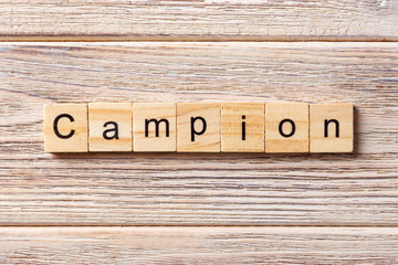 CHAMPION word written on wood block. CHAMPION text on table, concept