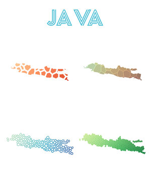 Java polygonal island map. Mosaic style maps collection. Bright abstract tessellation, geometric, low poly, modern design. Java polygonal maps for infographics or presentation.