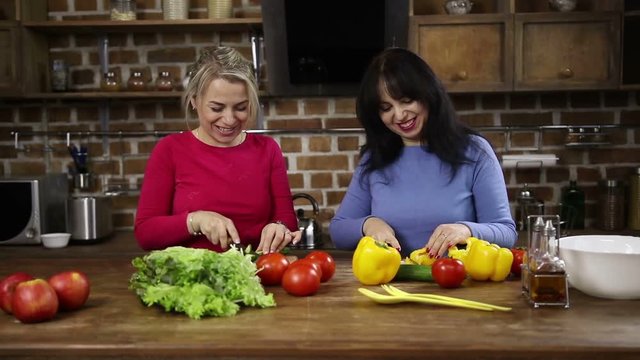 Two attractive middle-aged women chatting while cutting fresh vegetables on cutting boards in modern kitchen. Positive sisters cooking healthy vegetarian salad together in domestic interior. Slo mo.