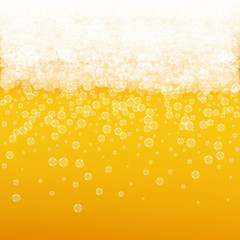 Beer background with realistic bubbles. Cool liquid drink for pub and bar menu design, banners and flyers. Yellow square beer background with white frothy foam. Cold pint of golden lager or ale.