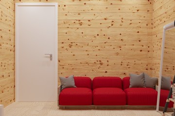 3d rendering of wooden interior with red sofa and mirror