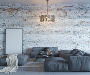 3d rendering of brick loft living room