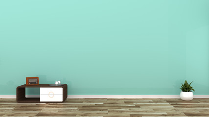 green mint wall on wood floor. 3D rendering