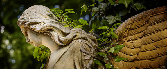 A fragment of ancient sculpture angel in a golden glow in the old cemetery.