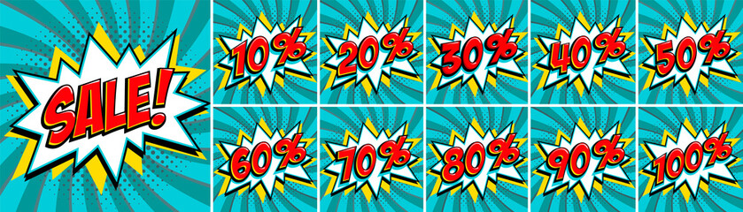 Big turquoise color sale set. Sale inscription and all percent numbers. turquoise and red colors. Pop-art comics style web banners, flash animation, stickers, tags.