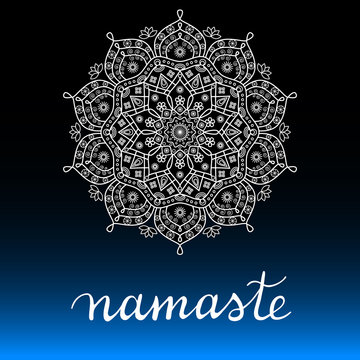 Namaste card vector print. White lotus mandala flower and calligraphic brush lettering on black and blue gradient background.