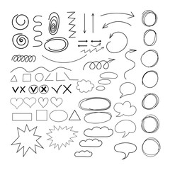 Doodle different shapes, clouds speech and arrows set. Hand drawn circle line sketch set vector circular scribble doodle.