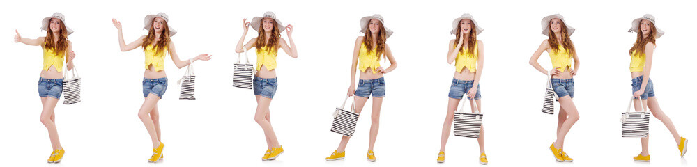 Young girl  with panama and handbag in fashion concepts isolated