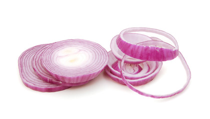 Sliced red onion on white background