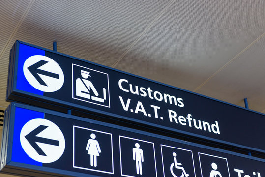 Sign For Customs And VAT Refund Office In A European Airport.