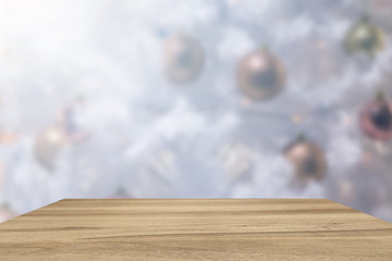 Empty perspective room with defocus of christmas tree decorate blur background.Template mock up for display of your product.