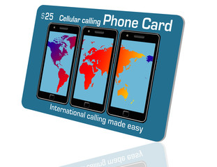 This is a prepaid cellular phone card. A retail item for service paid in advance. Generic 3-D illustration.