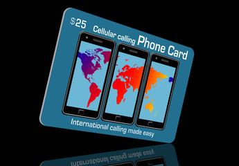 This is a prepaid cellular phone card. A retail item for service paid in advance. Generic 3-D illustration.