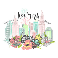 Beautiful New York skyscrapers, skyline with floral, flowers bouquet and fireworks. Hand drawn, vector watercolor, vintage style drawing