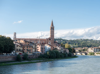 View of Verona. Ponte Pietra, once known as the Pons Marmoreus. It is the Roman arch bridge crossing Adige River