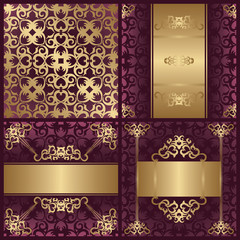 Set of three cards and template of seamless wallpaper. Vintage decoration in a gold. Can be used as invitation