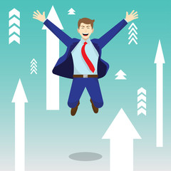 Happy Jumping Businessman Among Upward Arrows