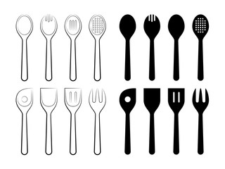 Spoons Set. Line Art Vector Illustration of a set of Spoons and their Silhouettes.