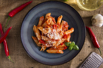 Penne pasta with chili sauce arrabiata