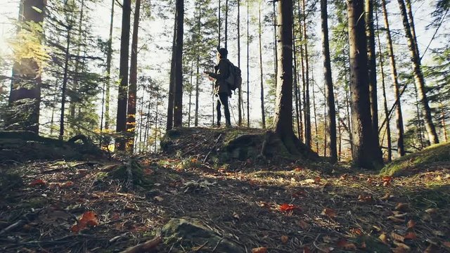 Traveler young woman searching direction with a compass and a map in the forest