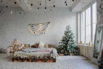 White vintage room, decorated for christmas