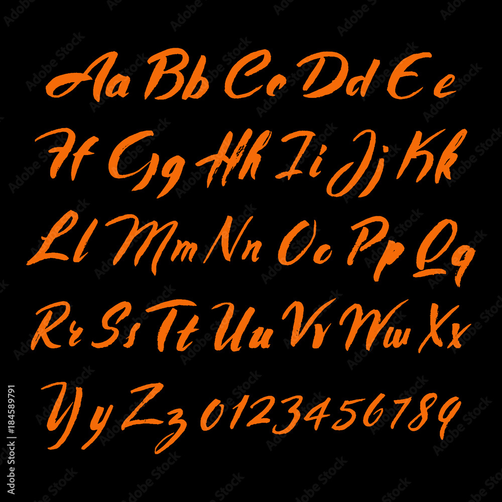 Poster brush script alphabet font. hand drawn uppercase and lowercase letters and numbers. stock vector typ