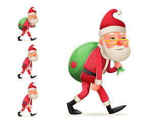 Pleased Happy Satisfied Christmas Santa Claus Heavy Gift Bag Cartoon Walk Tired Sad Weary Character Design Isolated Set Vector Illustration