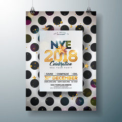 2018 New Year Party Celebration Poster Template Illustration with Shiny Gold Number on Abstract Black and White Background. Vector Holiday Premium Invitation Flyer or Promo Banner.