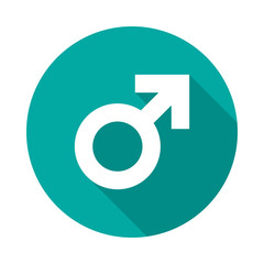 Male sex symbol circle icon with long shadow. Flat design style. Gender symbol simple silhouette. Modern, minimalist, round icon in stylish colors. Web site page and mobile app design vector element.