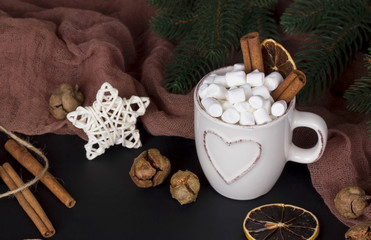 Christmas background anice marshmellow, star cinnamon cookies cones.