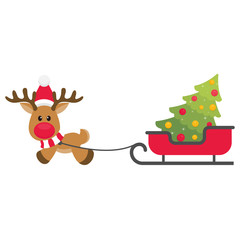cartoon christmas deer vector with sleigh and fir tree