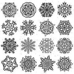 Snowflake hand drawn vectors. Set of 16 isolated elements on white background. Template for christmas winter design