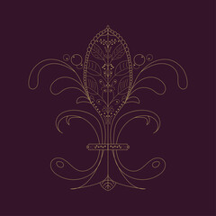 Vector illustration: The Fleur de Lis or flower de luce with french floral medieval ornament. The Fleur de Lis known as French Royal Lily isolated on a vintage dark luxury background.