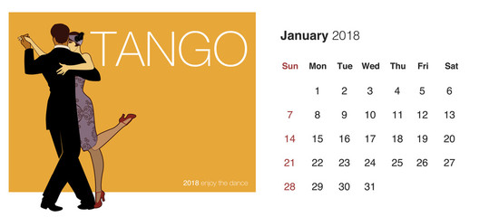 2018 Dance Calendar. January. Tango. Elegant couple dancing. - obrazy, fototapety, plakaty