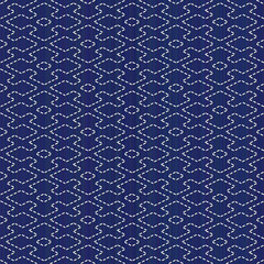 Abstract backdrop. Classic japanese quilling. Sashiko. Seamless pattern. Geometric background. Needlework texture. Pattern fills. For decoration or printing on fabric.