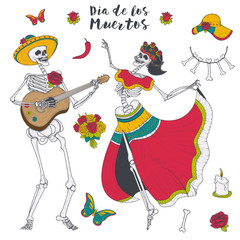 Male and female skeleton in yellow sombrero and Mexican national clothes play the guitar and dance, vector illustration isolated on white background. Day of the Dead, Dia de los Muertos. Print, sketch