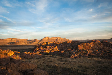 Sunset landscape view at Hueco Tanks State Park in El Paso, Texas. 